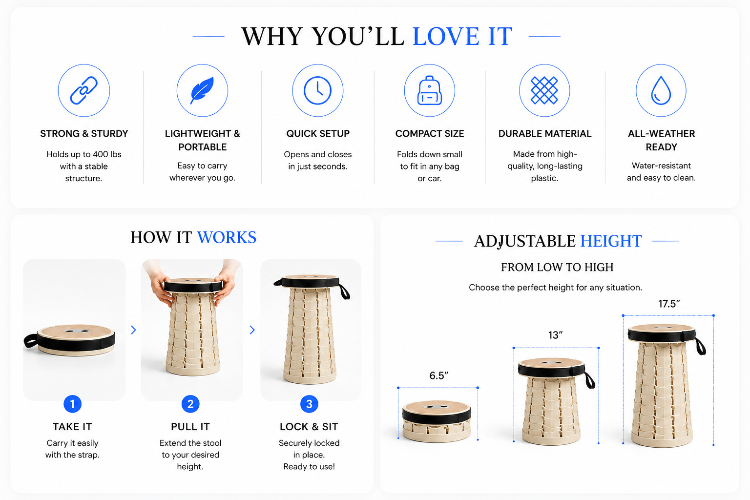 Perspectaa Portable Adjustable Telescopic Folding Stool - Landing Image 3