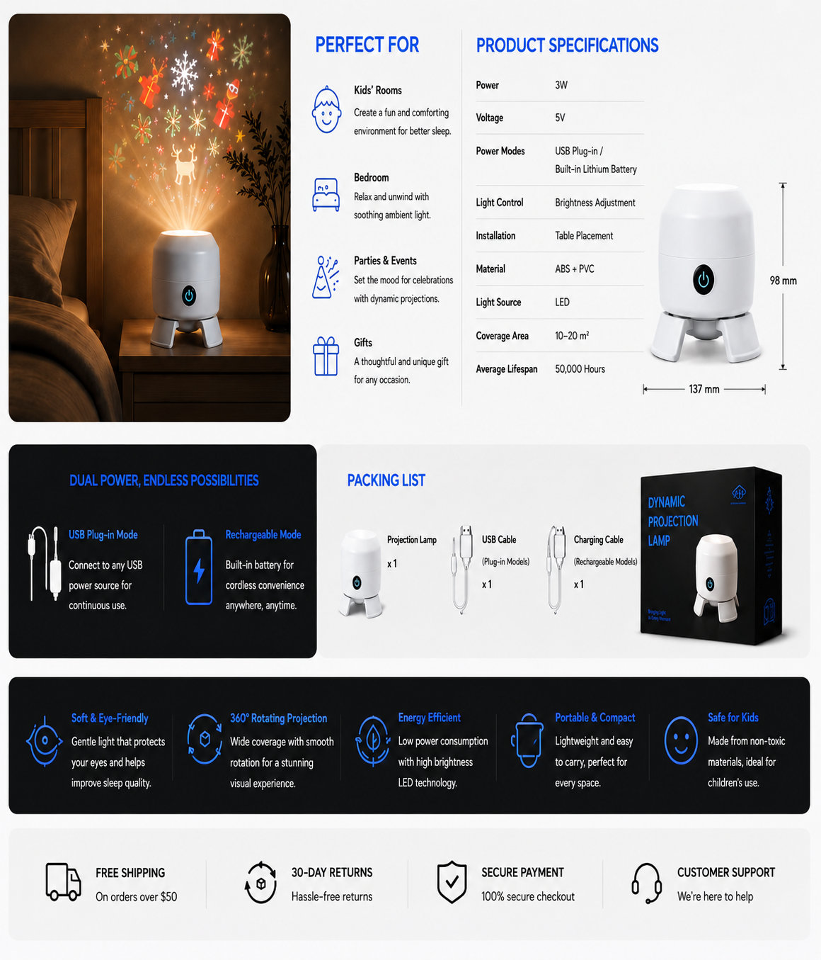 Perspectaa Rotating Starry Sky Projection Night Light 