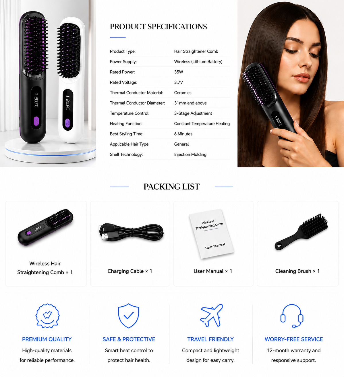Perspectaa Wireless Hair Straightening Comb with Negative Ion Technology - Landing Image 2