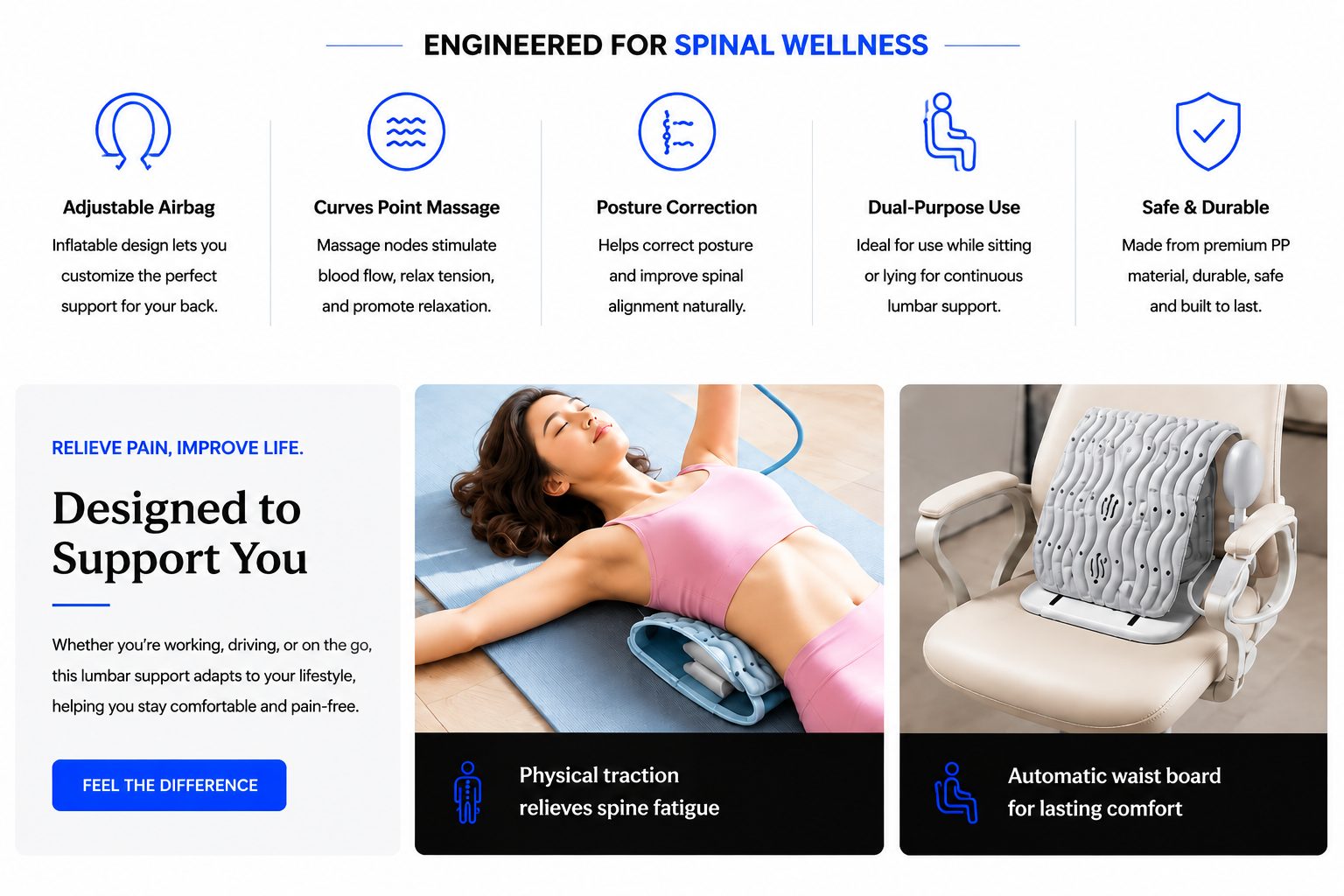 Perspectaa Inflatable Lumbar Reliever, Adjustable Air Bag Waist Support Plate to Relieve Lumbar Disc and Waist Stretching Artifact Wholesale - Landing Image 3