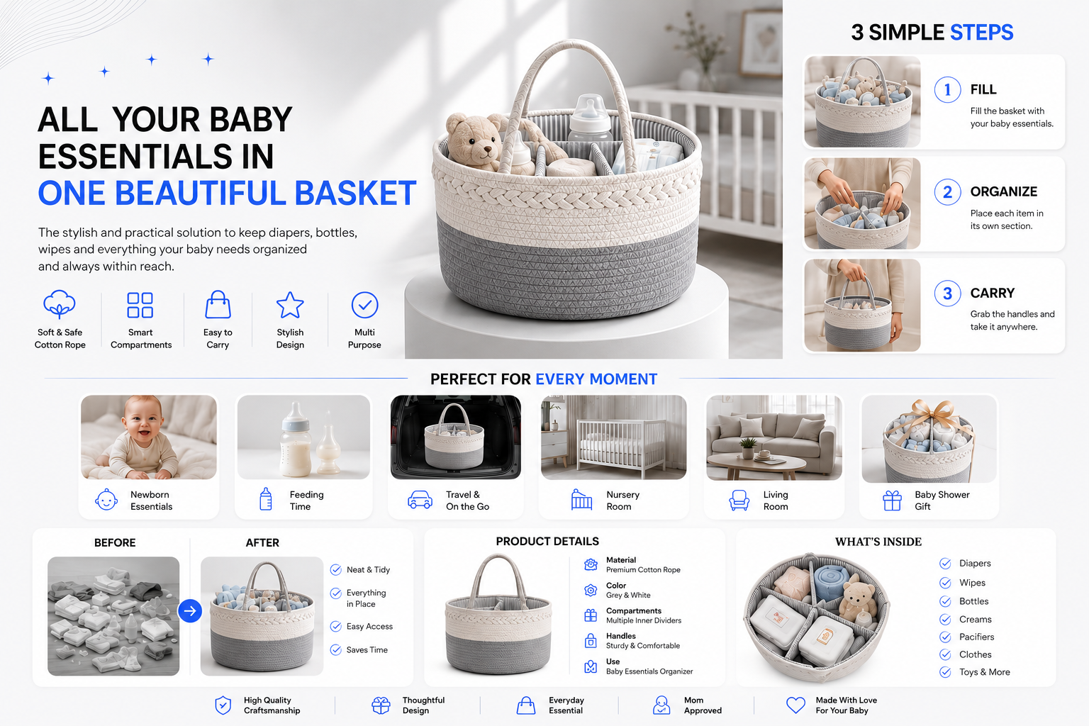 Perspectaa Handwoven Storage Basket with Removable Compartments - Landing Image 3